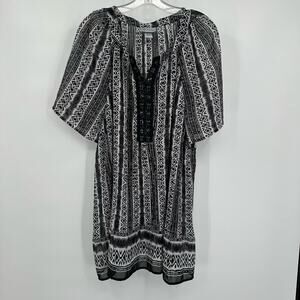 Catherines Women Boho Tunic‎ Dress Size 3X Black White Beaded Artsy Peasant